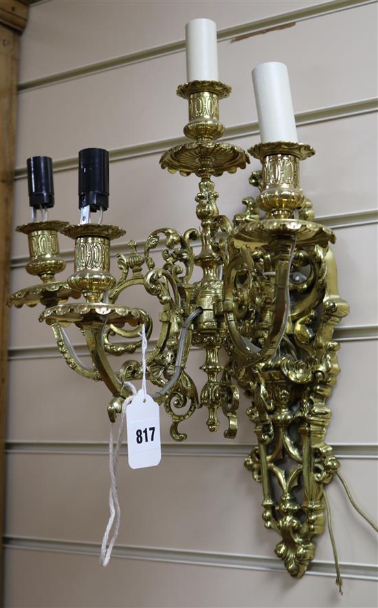 Pair of Victorian gilt brass 4-branch wall lights, rewired for electricity H.42cm